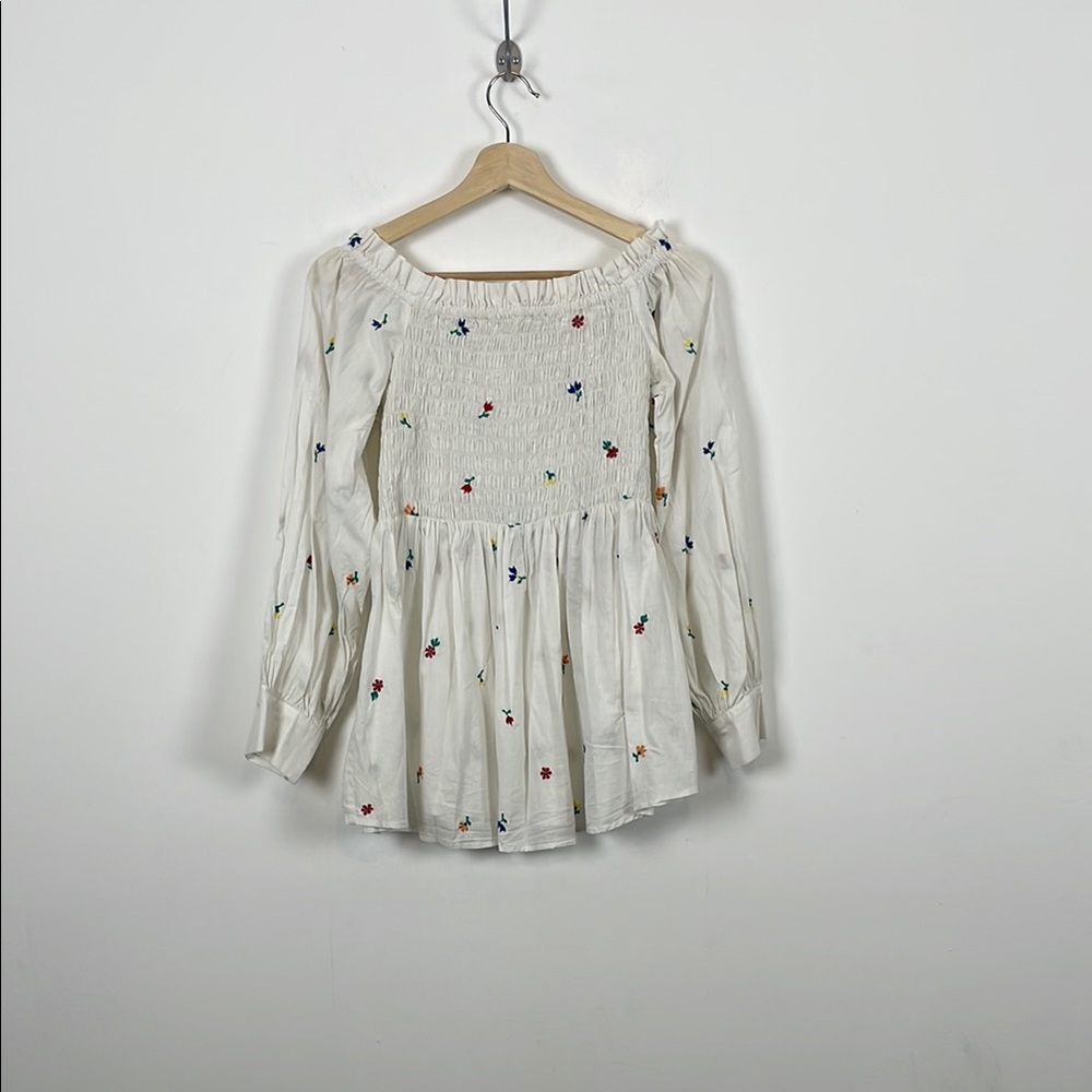 Suno White Floral Embroidered Ruched Off Shoulder Long Sleeve Womens 8 Babydoll